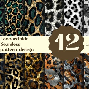 Puede incluir: Doce patrones de piel de leopardo sin costuras en varios colores y texturas, incluyendo verde, negro, blanco, dorado y plateado. Los patrones son adecuados para uso comercial.
