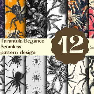 Puede incluir: Un conjunto de 12 patrones digitales sin costuras que presentan varios estilos de tarántulas. Los patrones son en blanco y negro, con algunos que presentan un fondo colorido. El texto "Tarantula Elegance Seamless pattern design" y "12" es visible en la imagen. El texto "Commercial use" también es visible en la imagen.