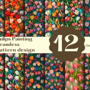 Puede incluir: Doce patrones sin costuras con pinturas de tulipanes coloridos. Los patrones están dispuestos en una cuadrícula con un círculo marrón que contiene el número "12" en el centro. El texto "Tulips Painting Seamless pattern design" está por encima de la cuadrícula y el texto "Commercial use" está por debajo de la cuadrícula.