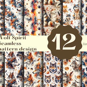 Puede incluir: Un conjunto de 12 patrones digitales sin costuras que presentan ilustraciones de acuarela de lobos con varios fondos. Los patrones son perfectos para crear diseños únicos para telas, papel tapiz y otros proyectos creativos. El texto "Wolf Spirit Seamless pattern design" y "Commercial use" también se incluye en la imagen.