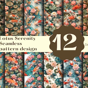 Puede incluir: Un conjunto de 12 patrones digitales sin costuras que presentan peces koi nadando en un estanque con flores de loto. Los patrones están en varias combinaciones de colores, incluyendo azul, verde, rosa y blanco. El texto "Lotus Serenity Seamless pattern design" y "12" es visible en la imagen. El texto "Commercial use" también es visible en la imagen.