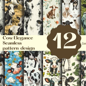 Puede incluir: Un conjunto de 12 patrones digitales sin costuras que presentan vacas en varios estilos. Los patrones incluyen vacas en acuarela, dibujos animados y estilos realistas. Los patrones son perfectos para usar en manualidades, scrapbooking y otros proyectos creativos.  Cow Elegance Seamless pattern design. Commercial use.