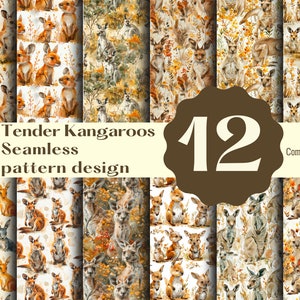 Puede incluir: Doce patrones sin costuras con ilustraciones de acuarela de canguros en varias poses. Los patrones están sobre un fondo blanco con acentos marrones, amarillos y naranjas. El texto "Tender Kangaroos Seamless pattern design" y "Commercial use" también se incluyen en la imagen.
