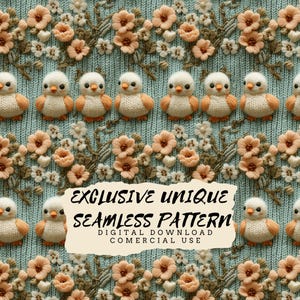 Puede incluir: Un patrón sin costuras con un diseño repetitivo de pájaros tejidos y flores bordadas sobre un fondo azul claro. El texto "EXCLUSIVE UNIQUE SEAMLESS PATTERN DIGITAL DOWNLOAD COMERCIAL USE" se muestra en la imagen.
