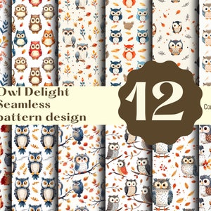 Puede incluir: Doce patrones de búhos de acuarela con diferentes diseños de búhos, hojas de otoño, ramas y bayas. Los patrones son sin costuras y se pueden utilizar con fines comerciales.