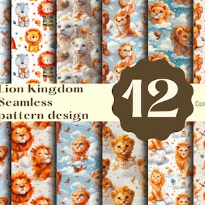 Puede incluir: Doce patrones sin costuras con adorables cachorros de león de dibujos animados en varias poses, incluyendo el uso de coronas, sobre un fondo blanco con nubes, estrellas y pájaros. El texto "Lion Kingdom Seamless pattern design" y "Commercial use" también se incluye en la imagen.