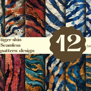 Puede incluir: Doce patrones de piel de tigre sin costuras en varios colores, incluidos azul, dorado, rojo y blanco. Los patrones son abstractos y se asemejan a rayas de tigre. El texto "tiger skin Seamless pattern design" y "Commercial use" es visible en la imagen.