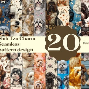 Puede incluir: Una colección de 20 diseños de patrones sin costuras con perros Shih Tzu en varias poses y entornos. Los diseños incluyen fondos florales y otoñales, con el texto "Shih Tzu Charm Seamless pattern design" y "Commercial use".