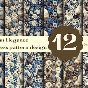 Puede incluir: Doce patrones sin costuras con gatos persas y diseños florales en tonos azules, blancos y marrones. Los patrones son perfectos para manualidades, scrapbooking y otros proyectos creativos.