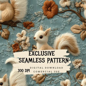 Puede incluir: Un patrón sin costuras con ardillas y flores bordadas sobre un fondo azul claro. El patrón es de 300 DPI y es para descarga digital y uso comercial.