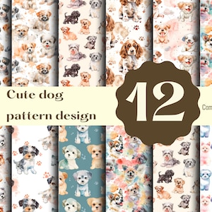 Puede incluir: Doce patrones de acuarela con perros lindos en varias poses. Los patrones están sobre un fondo blanco, algunos con huellas de patas y salpicaduras de acuarela. El texto "Cute dog pattern design" y "Commercial use" se incluye en la imagen.