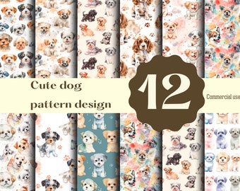 Puede incluir: Doce patrones de acuarela con perros lindos en varias poses. Los patrones están sobre un fondo blanco, algunos con huellas de patas y salpicaduras de acuarela. El texto "Cute dog pattern design" y "Commercial use" se incluye en la imagen.