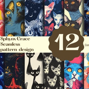 Puede incluir: Doce diseños de patrones sin costuras con gatos Sphynx en varios colores y estilos. Los diseños incluyen gatos con acentos amarillos, azules y rojos, con el texto "Sphynx Grace Seamless pattern design" y "Commercial use".