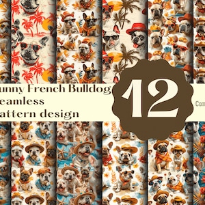 Puede incluir: Un conjunto de 12 patrones sin costuras con adorables Bulldogs franceses en varios atuendos y poses veraniegos. Los patrones son perfectos para telas, papel tapiz o cualquier otro proyecto creativo.  "Sunny French Bulldog Seamless pattern design" y "Commercial use" están escritos en la imagen.