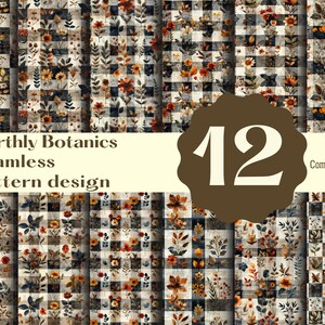 Puede incluir: Un conjunto de 12 diseños de patrones sin costuras con elementos florales y botánicos. Los diseños presentan flores y hojas en tonos naranja, marrón y beige, sobre un fondo a cuadros. El texto "Earthly Botanics Seamless pattern design" es visible.