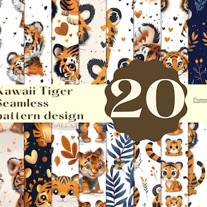 Puede incluir: Un conjunto de 20 patrones digitales sin costuras con adorables cachorros de tigre de dibujos animados en varias poses y colores. Los patrones incluyen corazones, hojas, estrellas y otros elementos decorativos. El texto "Kawaii Tiger Seamless pattern design" y "Commercial use" también se incluye en la imagen.