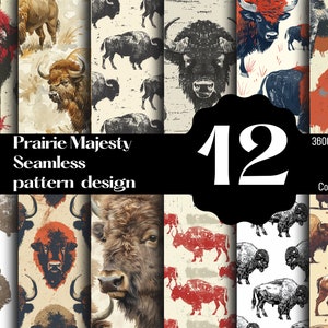 Puede incluir: Un conjunto de 12 patrones digitales sin costuras con ilustraciones de búfalos en varios estilos. Los patrones son en blanco y negro, rojo y blanco, y marrón y blanco. Los patrones son de 3600 x 3600 píxeles y 300 DPI.  "Prairie Majesty Seamless pattern design" está escrito en texto negro sobre un fondo negro.