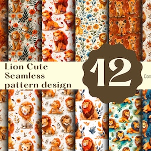 Puede incluir: Doce patrones sin costuras de acuarela con leones lindos en varias poses y entornos. Los patrones incluyen leones con flores, hojas y otros elementos de la jungla. El texto "Lion Cute Seamless pattern design" y "Commercial use" también se incluye en la imagen.