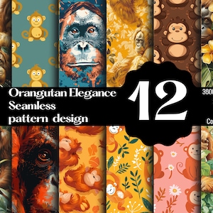 Puede incluir: Un conjunto de 12 patrones digitales sin costuras con orangutanes y monos. Los patrones son de varios colores, incluyendo naranja, amarillo, verde y marrón. Los patrones son de 3600 x 3600 píxeles y 300 DPI. Están disponibles para uso comercial.