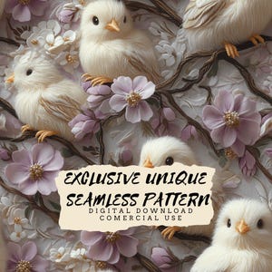 Può includere: Uno schema senza cuciture con pulcini bianchi e fiori rosa. Lo schema è digitale e può essere utilizzato per scopi commerciali. Il testo "Exclusive Unique Seamless Pattern Digital Download Commercial Use" è visualizzato sull'immagine.