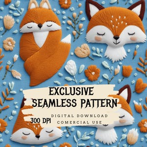 Puede incluir: Un patrón sin costuras que presenta un diseño repetitivo de zorros naranjas con los ojos cerrados y flores blancas sobre un fondo azul claro. El texto "EXCLUSIVE SEAMLESS PATTERN" está escrito en blanco sobre un fondo crema. El texto "DIGITAL DOWNLOAD 300 DPI COMMERCIAL USE" está escrito en negro sobre un fondo crema.
