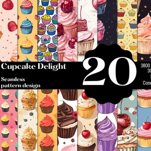 Puede incluir: Un conjunto de 20 patrones digitales sin costuras que presentan varios diseños de cupcakes. Los patrones incluyen cupcakes con diferentes colores de glaseado, chispas y coberturas. El texto "Cupcake Delight" y "Seamless pattern design" se muestra sobre un fondo negro.