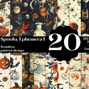 Puede incluir: Un conjunto de 20 patrones digitales sin costuras con temas de Halloween espeluznantes. Los patrones incluyen calabazas, murciélagos, calaveras, lunas, estrellas y otros elementos espeluznantes. Los patrones están en una variedad de colores, incluyendo negro, naranja, blanco y morado. Los patrones son de 3600 x 3600 píxeles y 300 DPI. Son archivos PNG y son para uso comercial.