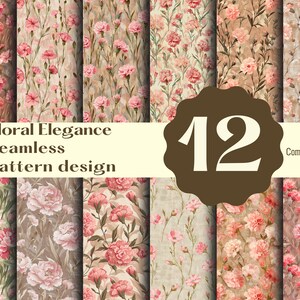 Puede incluir: Una colección de 12 diseños de patrones florales sin costuras. Los diseños presentan flores rosas y hojas verdes sobre varios fondos. Se muestra el texto "Floral Elegance Seamless pattern design", junto con una insignia marrón con el número "12" y las palabras "Commercial use".