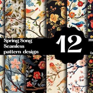 Puede incluir: Una colección de 12 diseños de patrones sin costuras con pájaros, flores y ramas coloridas. Los patrones presentan fondos negros, blancos y azules. El texto dice "Spring Song Seamless pattern design".
