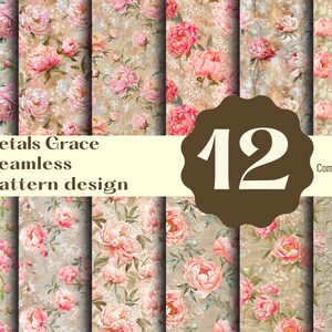 Puede incluir: Un conjunto de 12 patrones florales sin costuras con peonías rosas sobre un fondo beige. Los patrones se titulan "Petals Grace Seamless pattern design" y son para uso comercial.
