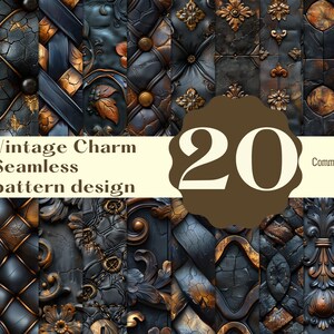 Puede incluir: Un conjunto de 20 patrones sin costuras con diseños de encanto vintage. Los patrones son en tonos de negro, dorado y marrón, y presentan detalles intrincados como motivos florales, formas geométricas y texturas agrietadas. Uso comercial.