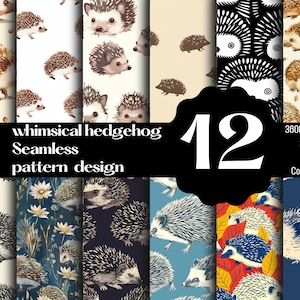 May include: A set of 12 whimsical hedgehog seamless patterns. The patterns feature hedgehogs in various styles, including watercolor, line art, and cartoon. The patterns are perfect for use in scrapbooking, fabric design, and other creative projects.  The text on the image reads: "whimsical hedgehog Seamless pattern design 12 3600 x 3600 px 300 DPI PNG Commercial use"