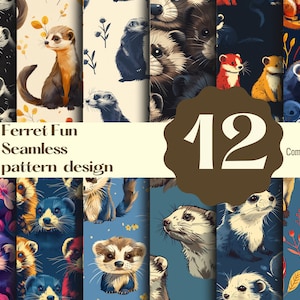 Puede incluir: Un conjunto de 12 diseños de patrones sin costuras con adorables hurones en varias poses y colores. Los patrones incluyen elementos florales y diferentes fondos. El texto "Ferret Fun Seamless pattern design" y "12" se muestran en una pancarta marrón. El texto "Commercial use" se muestra en una pancarta blanca.