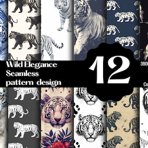 May include: A set of 12 digital seamless patterns featuring white tigers in various poses and backgrounds. The patterns are 3600 x 3600 pixels, 300 DPI, and in PNG format. They are for commercial use.