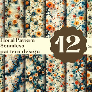 Puede incluir: Un conjunto de 12 patrones florales digitales sin costuras en estilo vintage. Los patrones presentan una variedad de flores, incluyendo girasoles, amapolas y margaritas, en tonos de azul, amarillo, naranja y rojo. Los patrones se colocan sobre un fondo crema. El texto "Floral Pattern Seamless pattern design" y "Commercial use" es visible en la imagen.
