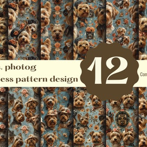 Puede incluir: Un diseño de patrón sin costuras que presenta 12 ilustraciones diferentes de Yorkshire Terriers con varios accesorios y poses. El fondo es un patrón floral azul con una estética vintage. El texto "Yorks. photog Seamless pattern design" y "Commercial use" también se incluyen en la imagen.