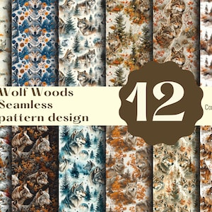 Puede incluir: Un conjunto de 12 patrones sin costuras con ilustraciones de acuarela de lobos en un entorno de bosque. Los patrones están disponibles para uso comercial. El texto "Wolf Woods Seamless pattern design" se muestra en la imagen.