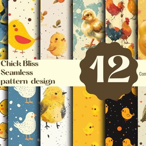 Puede incluir: Un conjunto de 12 patrones digitales sin costuras con adorables pollitos amarillos en varias poses y estilos. Los patrones son perfectos para manualidades, scrapbooking y otros proyectos creativos.  "Chick Bliss Seamless pattern design" y "Commercial use" están escritos en la imagen.