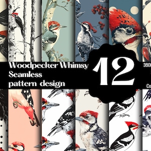 Puede incluir: Un conjunto de 12 patrones digitales sin costuras que presentan coloridos pájaros carpinteros sobre diversos fondos. Los patrones son de 3600 x 3600 píxeles, 300 DPI y en formato PNG. Son para uso comercial.