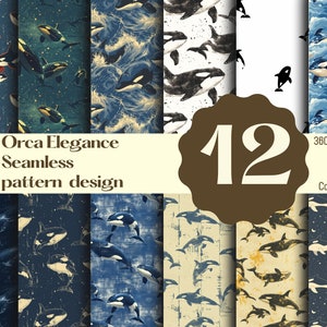 Könnte beinhalten: Eine Sammlung von 12 nahtlosen Musterdesigns mit Orcas. Die Muster zeigen Orcas in verschiedenen Umgebungen, darunter Meereswellen und Sternenhimmel. Die Designs sind in Blau-, Weiß- und Schwarztönen gehalten, mit dem Text "Orca Elegance Seamless pattern design".