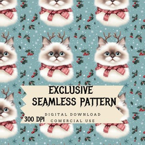 Puede incluir: Un patrón sin costuras que presenta un gato blanco con cuernos rojos y una bufanda roja sobre un fondo azul claro con bayas rojas y hojas de acebo verdes. El texto "EXCLUSIVE SEAMLESS PATTERN" está en la parte inferior de la imagen. El texto "DIGITAL DOWNLOAD 300 DPI COMERCIAL USE" está debajo del texto "EXCLUSIVE SEAMLESS PATTERN".