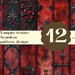 Puede incluir: Un conjunto de 12 patrones digitales sin costuras que presentan un fondo rojo oscuro con diseños ornamentados en negro y dorado. El texto "Vampire texture Seamless pattern design" y "Commercial use" es visible en la imagen.