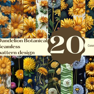 Puede incluir: Un conjunto de 20 patrones digitales sin costuras que presentan flores de diente de león y cabezas de semillas en varios colores y arreglos. Los patrones son perfectos para crear fondos, textiles y otros proyectos creativos. El texto "Dandelion Botanical Seamless pattern design" y "Commercial use" se incluye en la imagen.