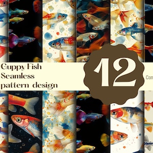Puede incluir: Una colección de 12 diseños de patrones sin costuras de peces guppy. Los diseños presentan coloridos peces guppy en varias poses sobre diferentes fondos, incluyendo patrones negros, blancos y de estilo acuarela. El texto "Guppy Fish Seamless pattern design" también es visible.