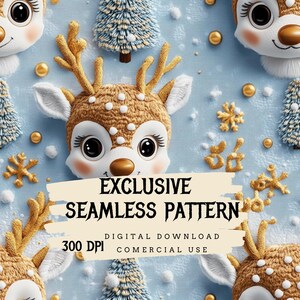 Puede incluir: Un patrón sin costuras con cabezas de reno con cuernos dorados, caras blancas y ojos negros grandes, junto con pequeños árboles de Navidad y adornos dorados sobre un fondo azul claro. Se muestra el texto "EXCLUSIVE SEAMLESS PATTERN".