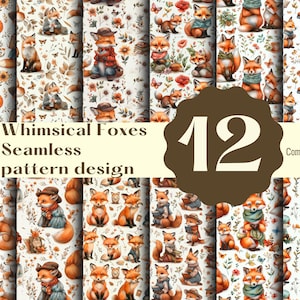May include: Twelve whimsical fox seamless patterns in a variety of poses and colors. The patterns feature foxes wearing hats, scarves, and holding books. The patterns are perfect for use in crafting, scrapbooking, and other creative projects.  Whimsical Foxes Seamless pattern design. Commercial use.