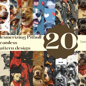Puede incluir: Un collage digital de 20 patrones sin costuras diferentes con varias razas de perros Pitbull en diferentes poses y colores. Los patrones están diseñados para uso comercial. El texto "Mesmerizing Pitbull Seamless pattern design" se muestra en la parte superior del collage.