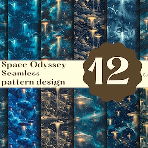 Puede incluir: Un conjunto de 12 patrones sin costuras con un tema de odisea espacial. Los patrones presentan un fondo azul oscuro con estrellas blancas, nubes y luces brillantes. Hay platillos voladores con rayos de luz que brillan hacia abajo. El texto "Space Odyssey Seamless pattern design" y "12" son visibles en la imagen. El texto "Commercial use" también es visible en la imagen.