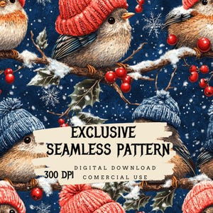 3D Embroidered Winter Birds seamless pattern, Digital Paper for Holiday Scrapbooking , Wallpaper, and DIY Crafts