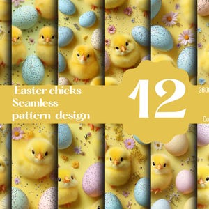 Puede incluir: Doce patrones sin costuras con pollitos amarillos y huevos de Pascua moteados en azul pastel, rosa y blanco sobre un fondo amarillo. El texto "Easter chicks Seamless pattern design" está en la parte superior de la imagen.